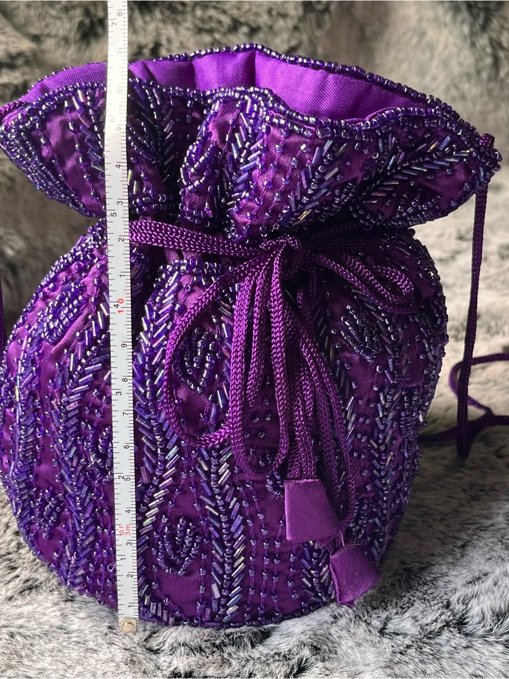 Artisan Purple Glass Beaded Drawstring Bucket Bag, Hand Embellished - Picture 9 of 15